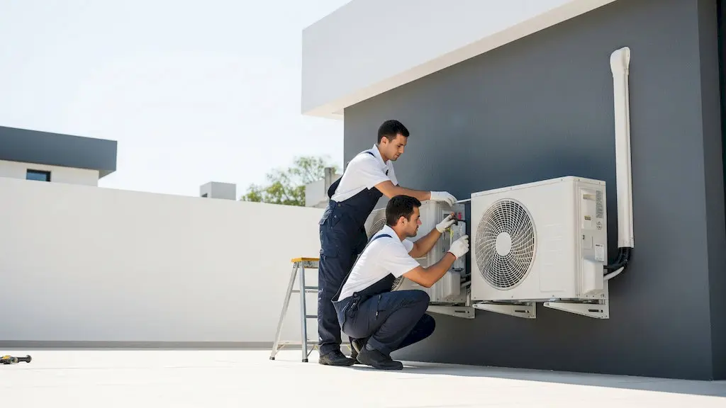 A licensed installer performing an air conditioner installation in a Massachusetts home.